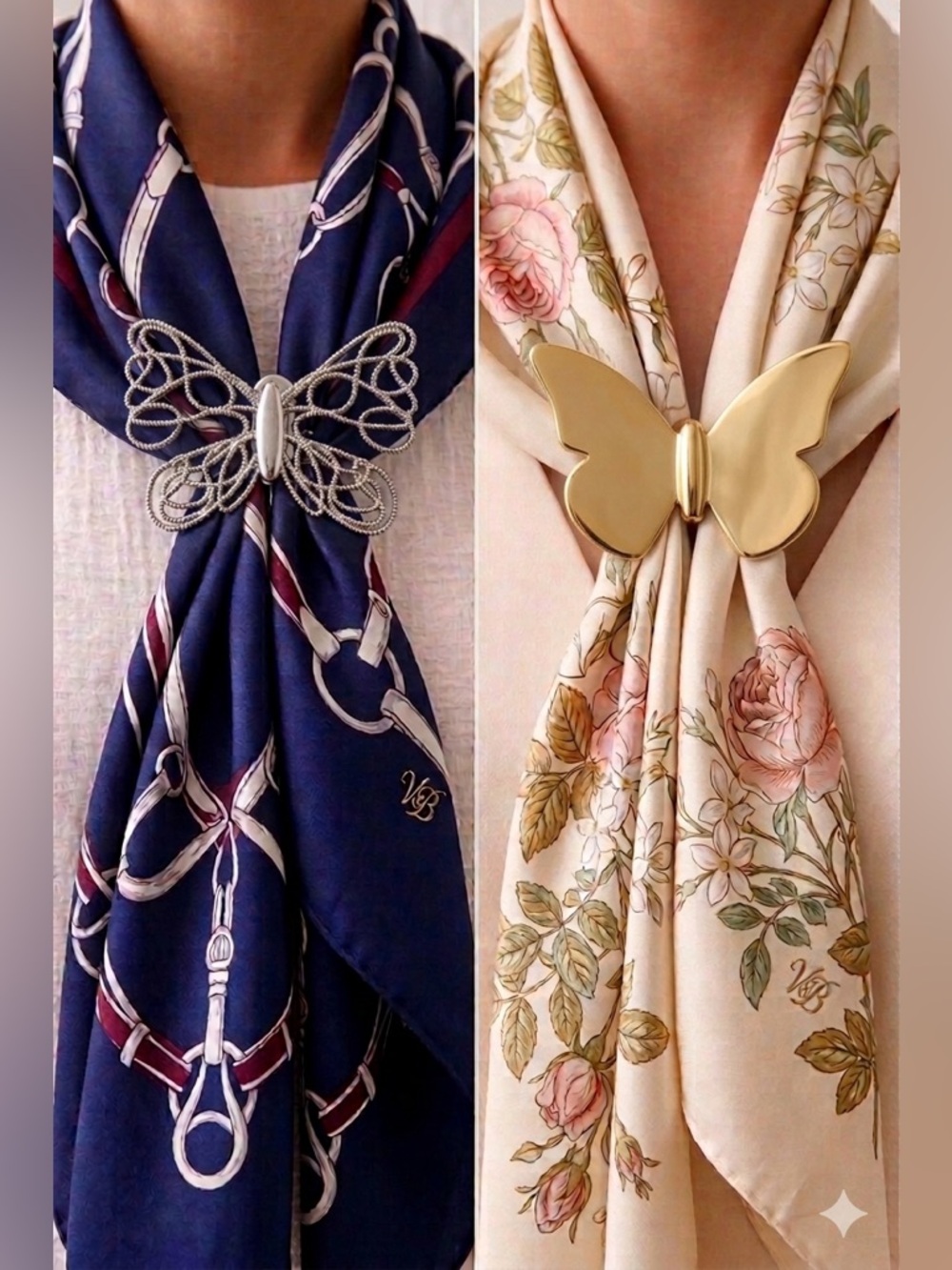 2 Vintage Neiman Marcus Butterfly Clips Set Gold & Silver Scarf / Dress Clips